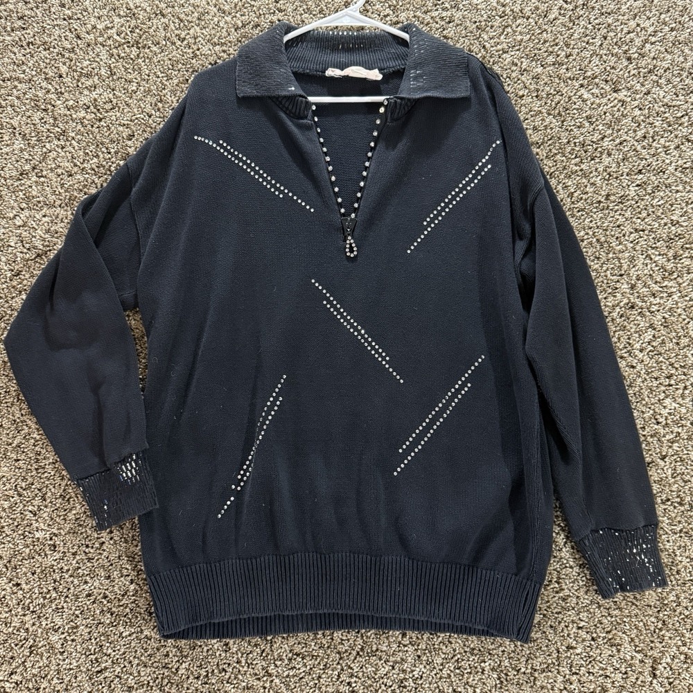 VTG Mardel Handcrafted Black Cotton Sweater OS Rhinestone Zip Glam‎ Pullover USA